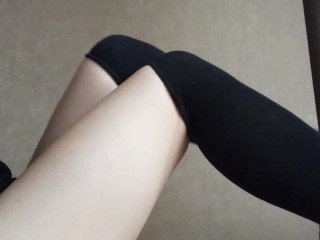 sexy woman in jeans shorts and stockings undresses to show you her pussy