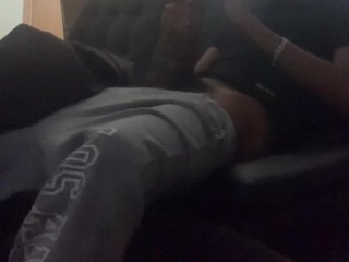 Pulling my bbc out and Fuckin my toy on my bm mother couch while she in her room 😅