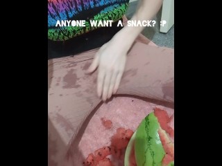 Emo girl crushes a melon between her thighs (messy)