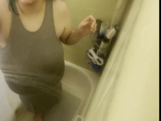 Showering in a dress: Soaking wet and soapy in a grey dress, hugging every curve