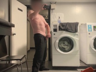 Public cumshot in laundry room!  Totally naked and so risky!  Could have been caught!