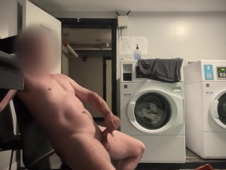 Public cumshot in laundry room!  Totally naked and so risky!  Could have been caught!