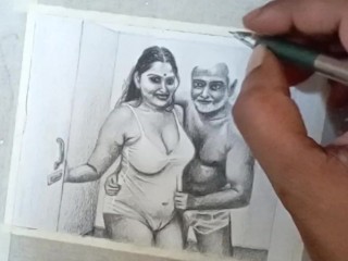 Erotic Art Or Drawing Of Sexy Indian Woman Romance with Father in Law inside Bathroom