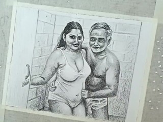 Erotic Art Or Drawing Of Sexy Indian Woman Romance with Father in Law inside Bathroom