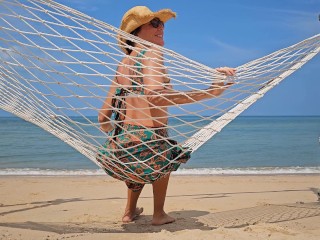 Hairy Pussy FLASH on Public Beach # POV No Panties BUTT PLUG