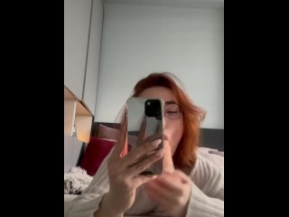 Small teen redhead shows off her blowjob and deepthroat skill