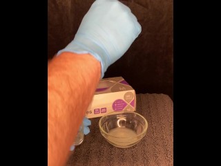 I put on blue gloves and use a syringe playing with my cum part 2