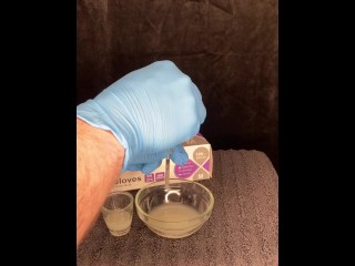 I put on blue gloves and use a syringe playing with my cum part 3