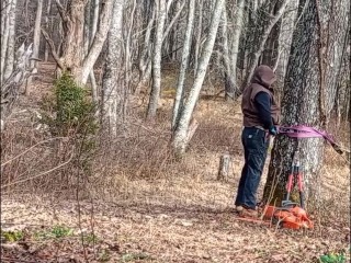 Lady P expertly handles more than just her D in the woods getting firewood