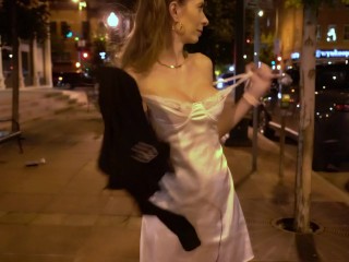 Hubby has me strip naked in the street to put on slutty dress for the bar