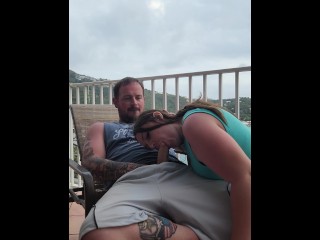 Horny college girl swallows monster cock on resort balcony  🍆👄💦