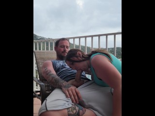 Horny college girl swallows monster cock on resort balcony  🍆👄💦