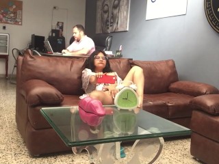 Hot babysitter records herself while masturbating her pussy on the couch