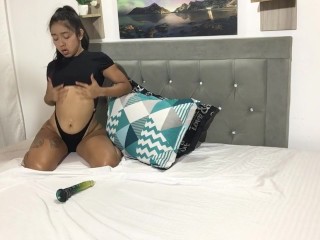 Brunette nympho sucks dildo, gets naked and fucks her pussy with her vibrator in her room