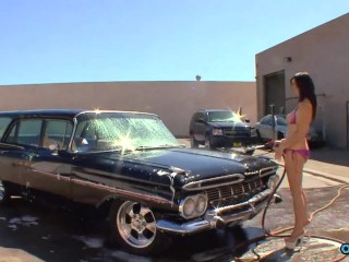 Outdoor car wash makes the brunette want to suck cock and get dicked down vigorously