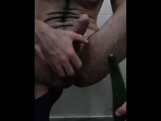 Straight man inserting cucumber in his ass and riding