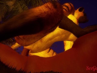 Furry hyena fucks a big man with a big cock who fucks her at sunset