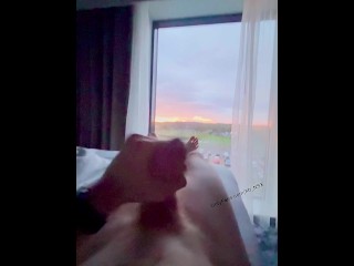 Wanking in front of the window at large hotel. Hope someone sees me ;) full video to cum soon