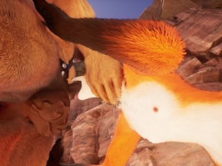 Cute red furry fox swallows horse dildo