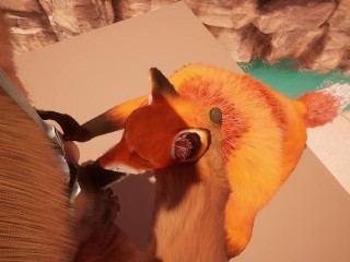 Cute red furry fox swallows horse dildo