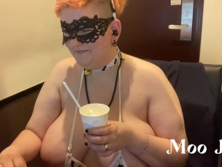 Just a chubby cow with giant tits eating snacks and replying to comments in a Japanese Internet cafe