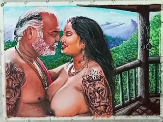 Erotic Art Or Drawing Of Sexy Indian Woman on honeymoon with Father in law at an Exotic Location