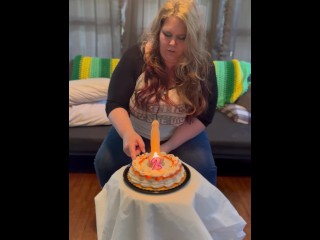 BBW Eating cake and licking frosting off a dildo