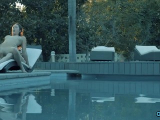 The busty brunette really enjoys sucking and fucking her boyfriend by the swimming pool