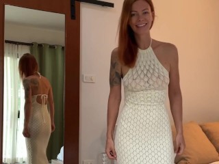 Redhead with natural boobs tries on transparent dresses