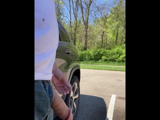 Walkers and parked car see me cumming and pissing at public park. Outdoor public orgasm & piss.