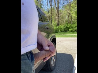 Walkers and parked car see me cumming and pissing at public park. Outdoor public orgasm & piss.