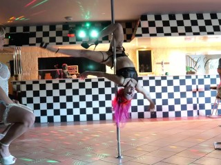 Pole Dance to end with a Lesbian threesome and a fountain of Squirt