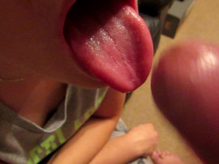 Yummy sticky cum on wife's tongue