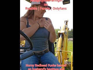 Redhead Farmgirl Fucks her hairy ass and pussy on the farm and Squirts all over farm machinery