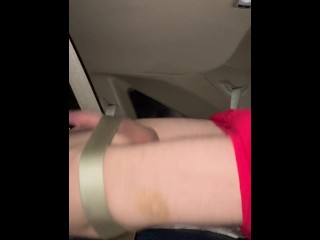 Cum shot in back of car while bouncing on seatbelt