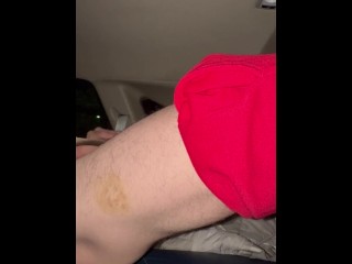Cum shot in back of car while bouncing on seatbelt