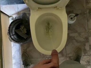 Long pissing of an uncircumcised penis in a public toilet POV