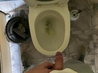 Long pissing of an uncircumcised penis in a public toilet POV