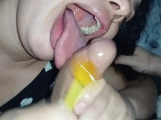 18+ pervert smearing and tasting the pervert's hard lollipop, he is horny for this bitch