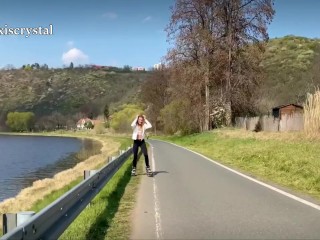 Roller skate fun ended up with Alexis Crystal swallowing cum