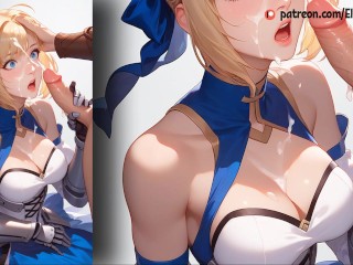 Saber Fate jerks her lover's cock with her legs