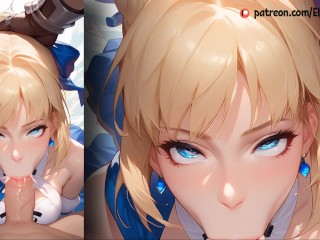 Saber Fate jerks her lover's cock with her legs