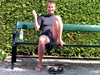 Submissive woman appears nude in public park, masturbation and peeing