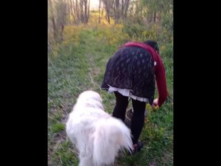 Lady P in the woods with her pup, her pussy makes an appearance, and we get to see her big milf ass