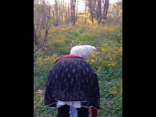 Lady P in the woods with her pup, her pussy makes an appearance, and we get to see her big milf ass