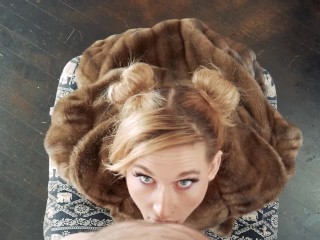 Hottie In Fur Coat Sucks Your Cock and Takes a Huge Facial