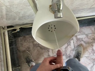 Guy pees in office toilet POV