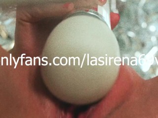 LaSirena69 intense pussy squirt orgasm with theragun vibrator