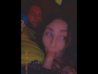 Little Slut Gives Sloppy Blowjob In Movie Theater Until He Fills Her Mouth