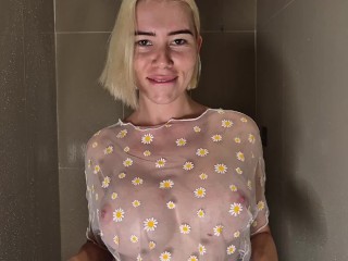 Beauty with huge tits in the shower. Transparent top coat dry wet test